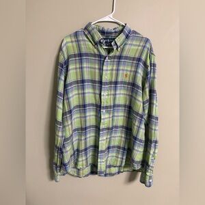 Polo Ralph Lauren Shirt XL Green Plaid Linen Coastal Casual Beach Party Classic